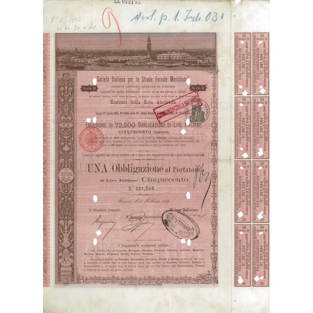 SOC. ITALIANA STRADE FERRATE DEL MERIDIONALI 1 OBBLIG. FIRENZE 1889