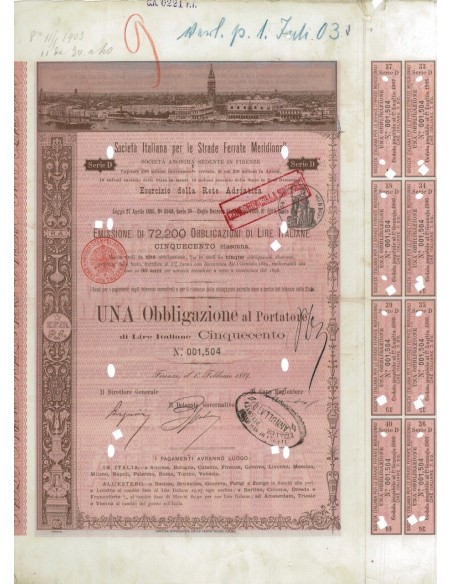 SOC. ITALIANA STRADE FERRATE DEL MERIDIONALI 1 OBBLIG. FIRENZE 1889