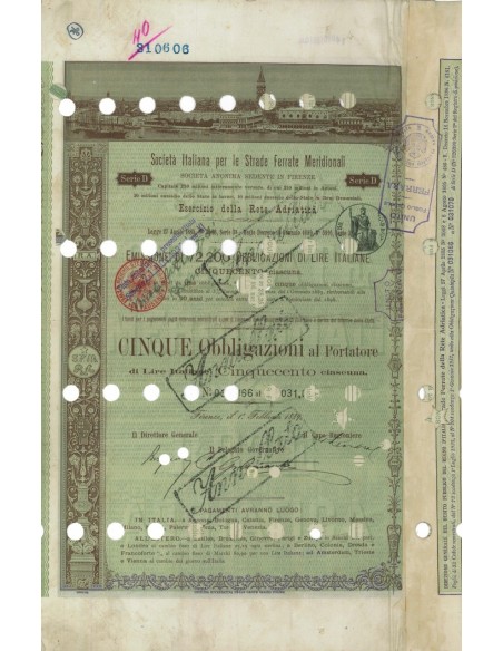 SOC. ITALIANA STRADE FERRATE DEL MERIDIONALI 5 OBBLIG. FIRENZE 1889