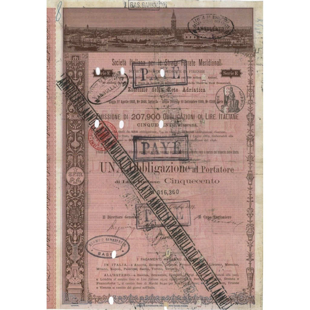 SOC. ITALIANA STRADE FERRATE DEL MERIDIONALI 1 OBBLIG. FIRENZE 1889