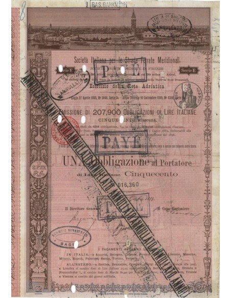 SOC. ITALIANA STRADE FERRATE DEL MERIDIONALI 1 OBBLIG. FIRENZE 1889
