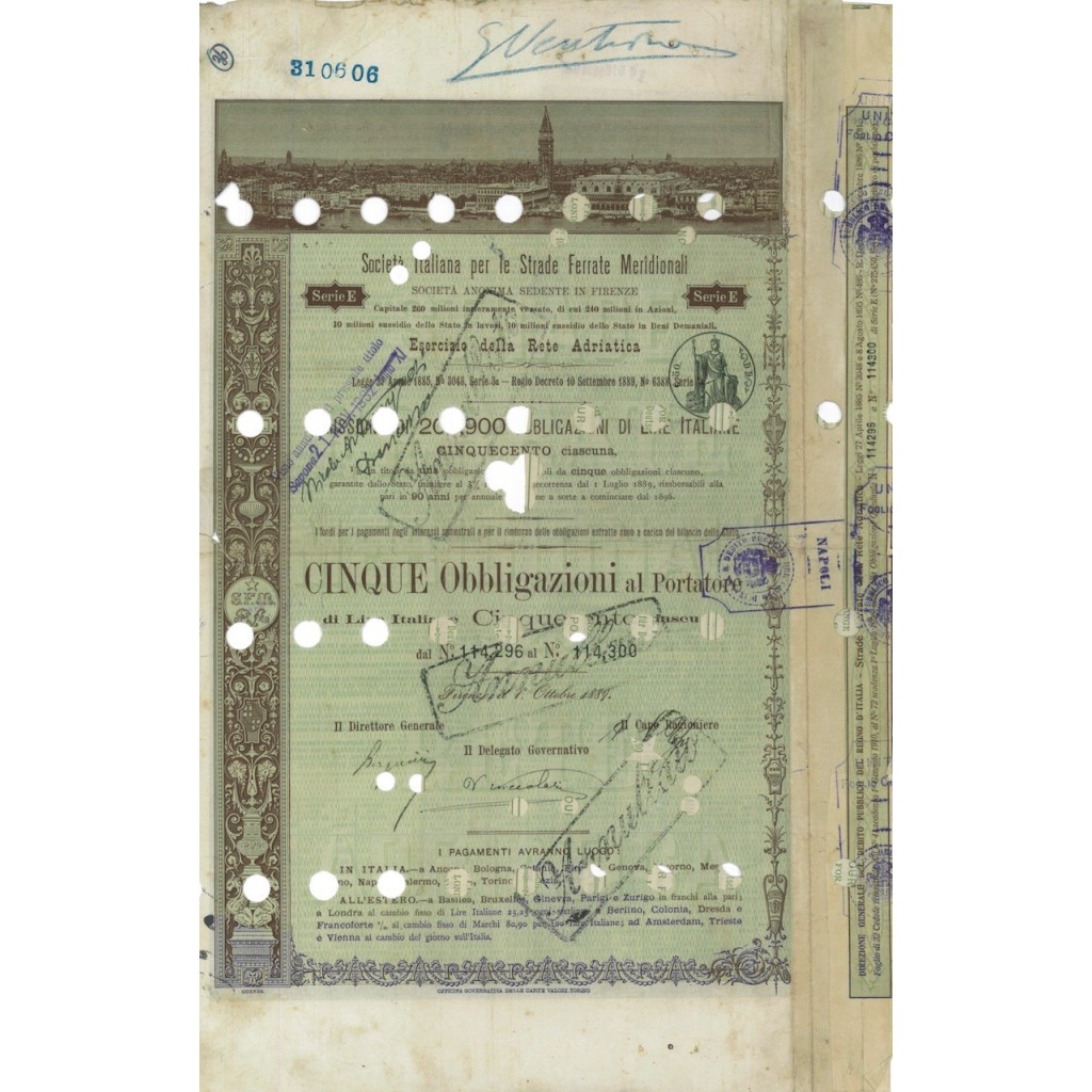 SOC. ITALIANA STRADE FERRATE DEL MERIDIONALI 5 OBBLIG. FIRENZE 1889