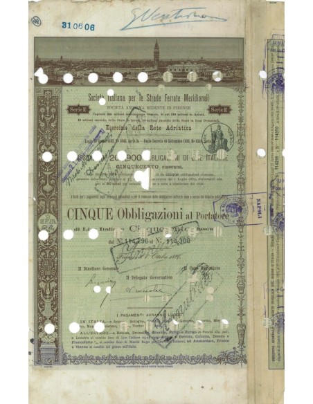 SOC. ITALIANA STRADE FERRATE DEL MERIDIONALI 5 OBBLIG. FIRENZE 1889