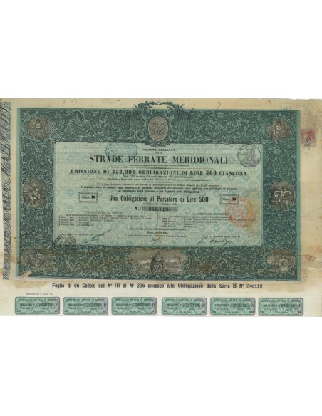SOC. ITALIANA STRADE FERRATE DEL MERIDIONALI 1 OBBLIG. TORINO 1863
