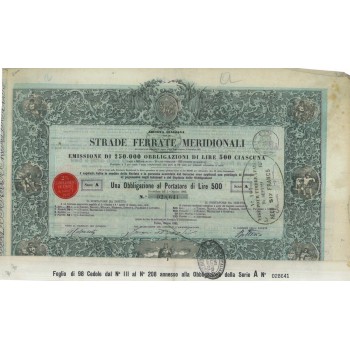 SOC. ITALIANA STRADE FERRATE DEL MERIDIONALI 1 OBBLIG. TORINO 1862