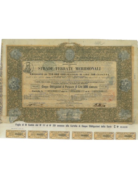 SOC. ITALIANA STRADE FERRATE DEL MERIDIONALI 5 OBBLIG. FIRENZE 1866