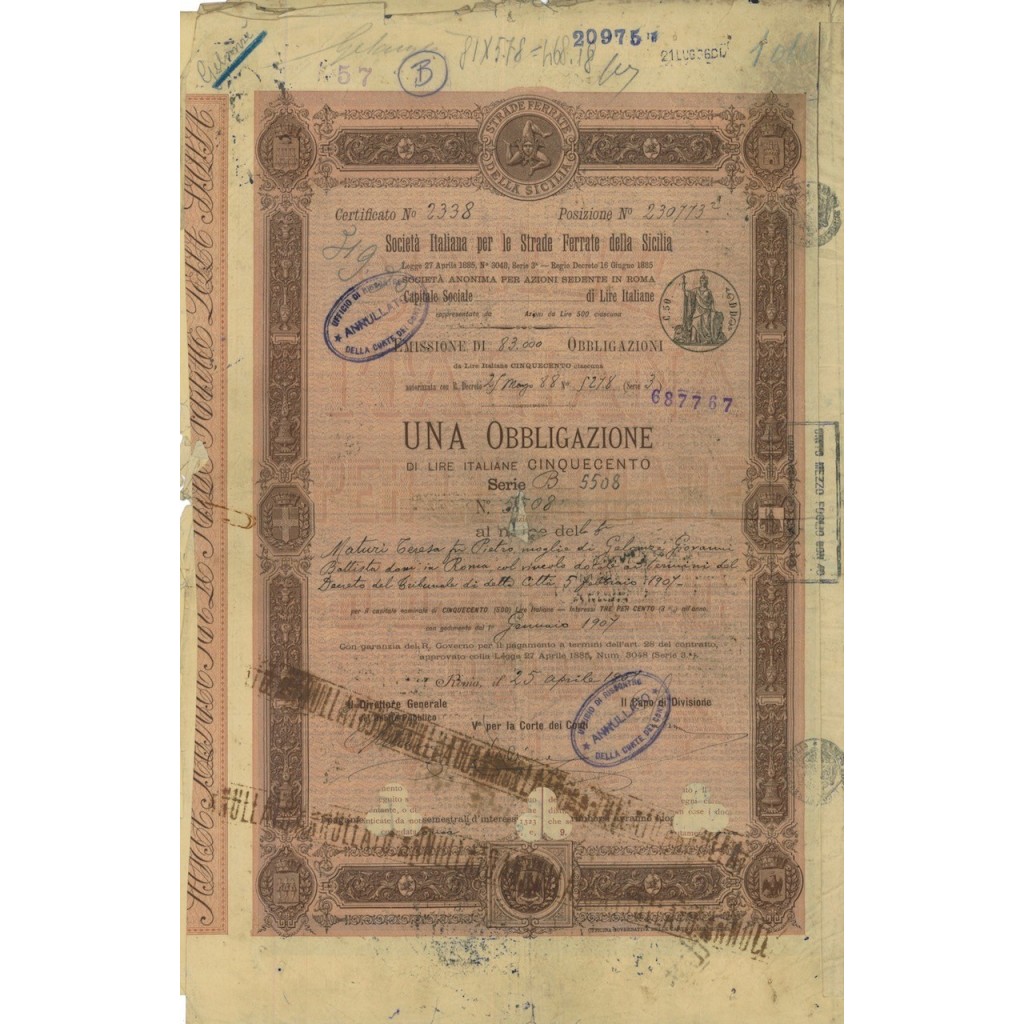 SOC. ITA. STRADE FERRATE DELLA SICLIA - 1 OBBLIG. ROMA 1907