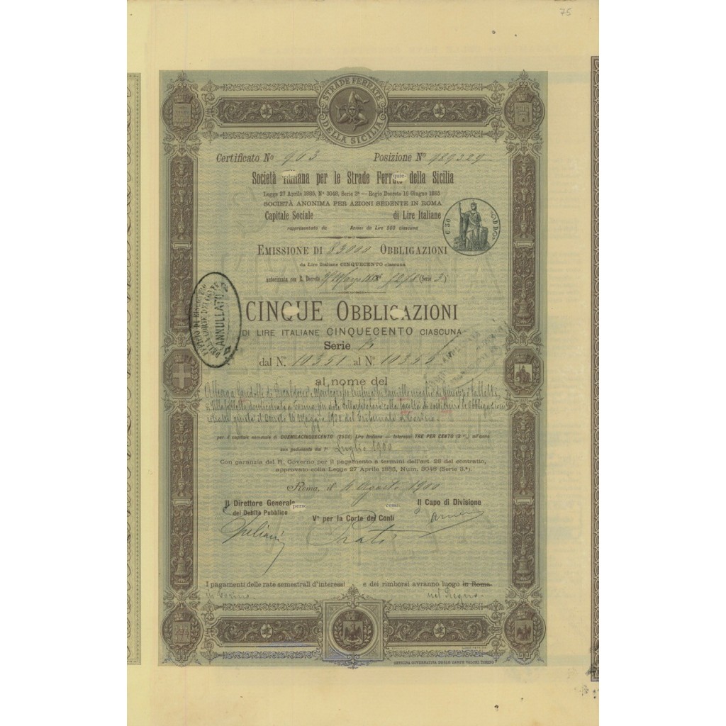 SOC. ITA. STRADE FERRATE DELLA SICLIA - 5 OBBLIG. ROMA 1900