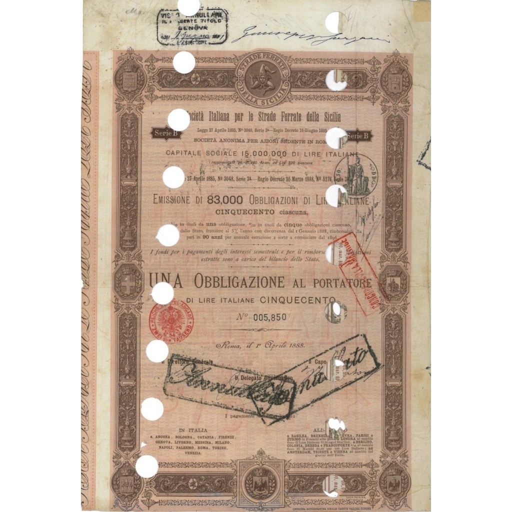 SOC. ITA. STRADE FERRATE DELLA SICLIA - 1 OBBLIG. ROMA 1888