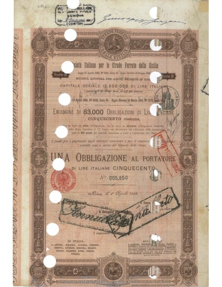 SOC. ITA. STRADE FERRATE DELLA SICLIA - 1 OBBLIG. ROMA 1888