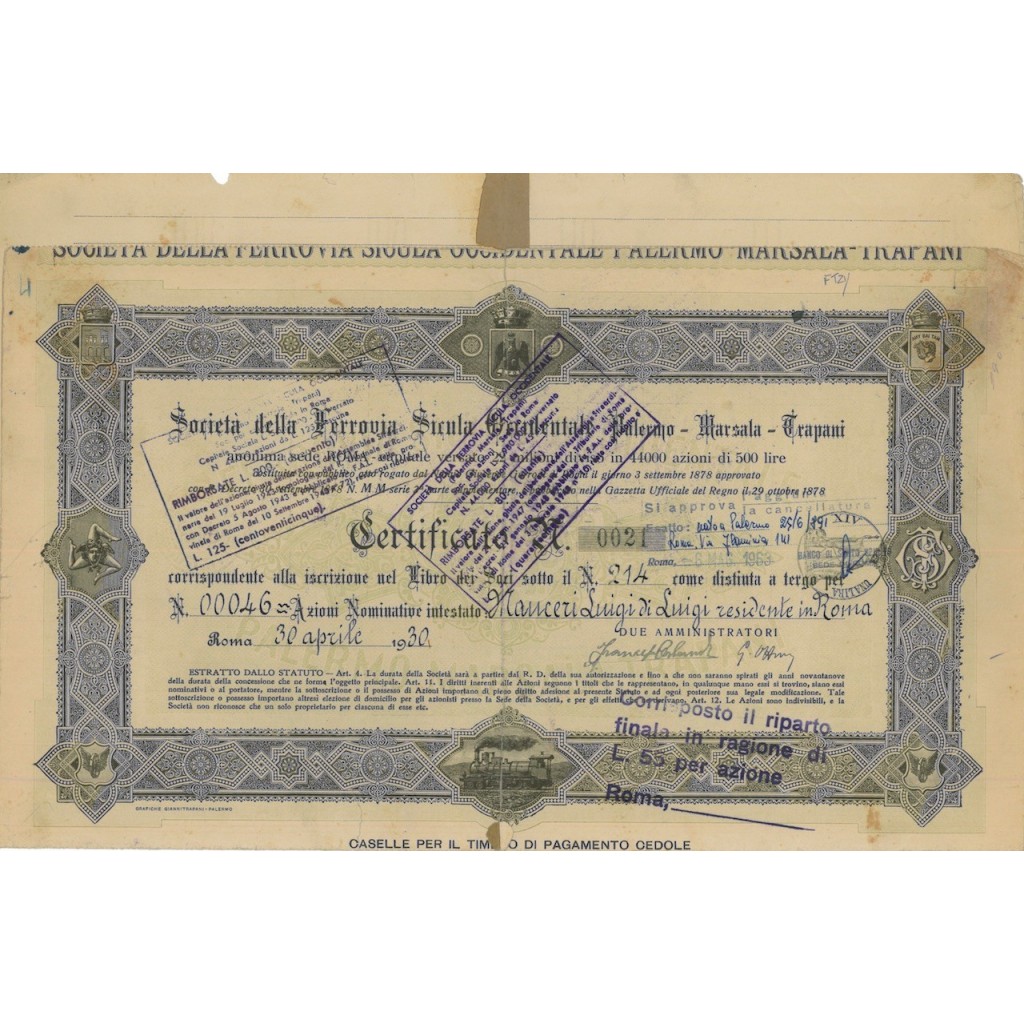 SOC. DELLA FERROVIA SICULA OCCIDENTALE PALERMO - 46 AZIONI ROMA 1930