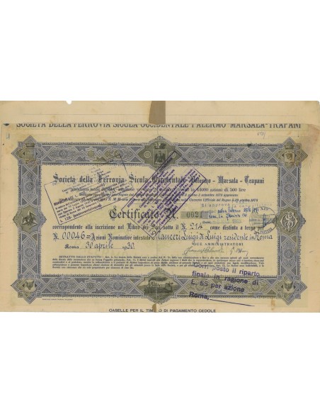 SOC. DELLA FERROVIA SICULA OCCIDENTALE PALERMO - 46 AZIONI ROMA 1930