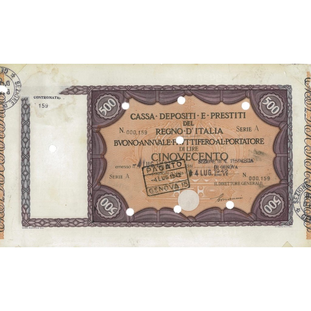 CASSA DEPOSITI E PRESTITI BUONO LIRE 500 SERIE A - GENOVA 1942