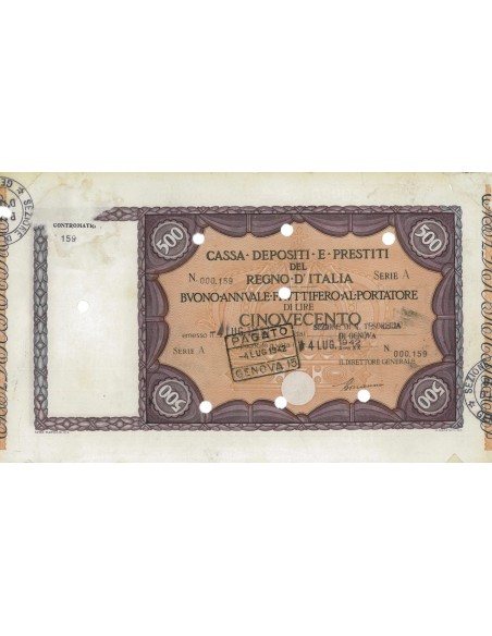 CASSA DEPOSITI E PRESTITI BUONO LIRE 500 SERIE A - GENOVA 1942
