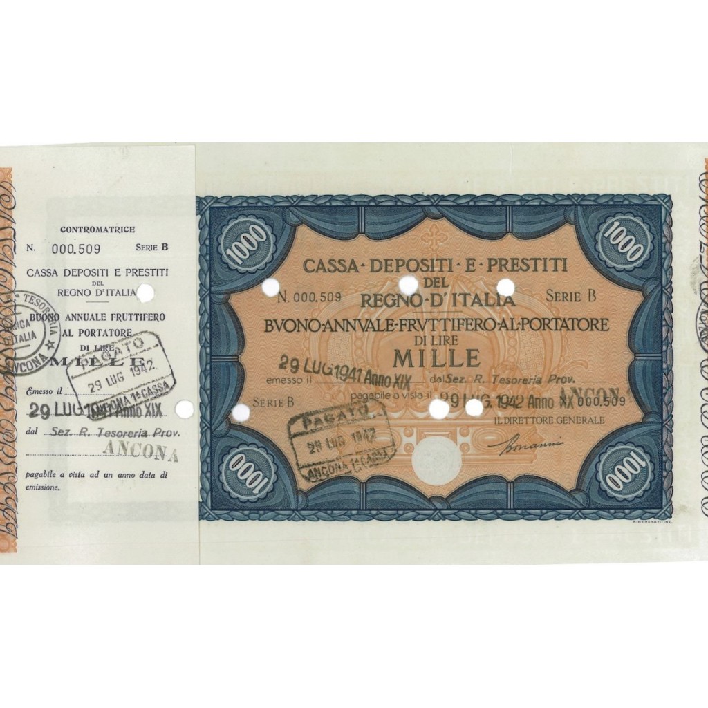 CASSA DEPOSITI E PRESTITI BUONO LIRE 1000 SERIE B - ANCONA 1941