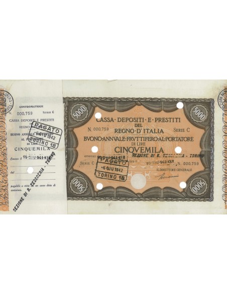 CASSA DEPOSITI E PRESTITI BUONO LIRE 5000 SERIE C - TORINO 1941