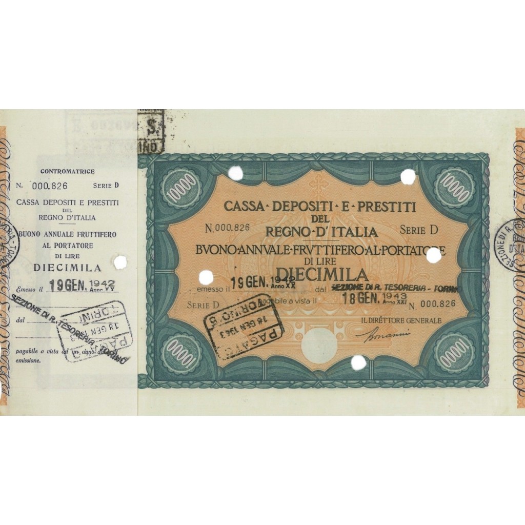 CASSA DEPOSITI E PRESTITI BUONO LIRE 10000 SERIE D - TORINO 1942