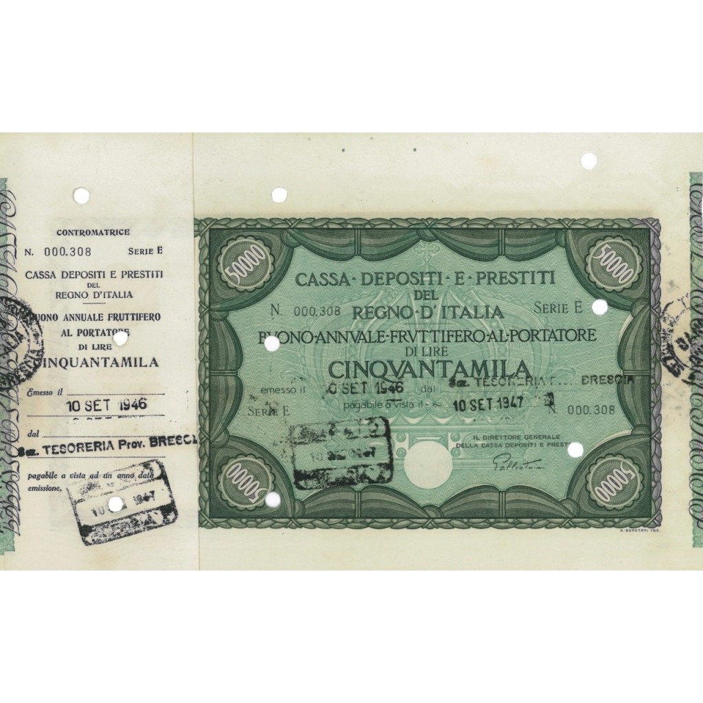 CASSA DEPOSITI E PRESTITI BUONO LIRE 50000 SERIE E - BRESCIA 1946