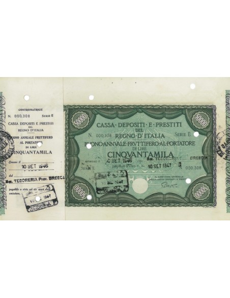 CASSA DEPOSITI E PRESTITI BUONO LIRE 50000 SERIE E - BRESCIA 1946