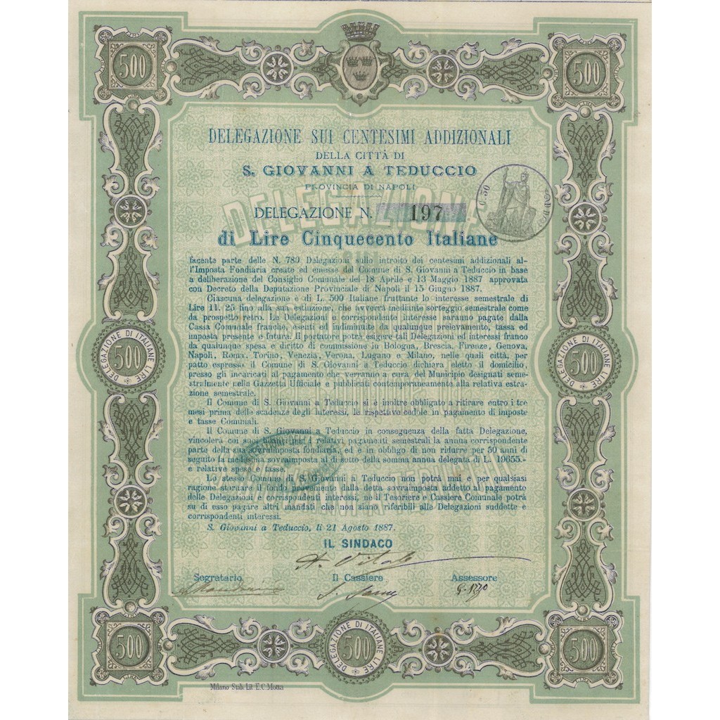 DELEGAZIONE SUI CENT. ADDIZIONALI LIRE 500 -S. GIOVANNI A TEDUCCIO 1887