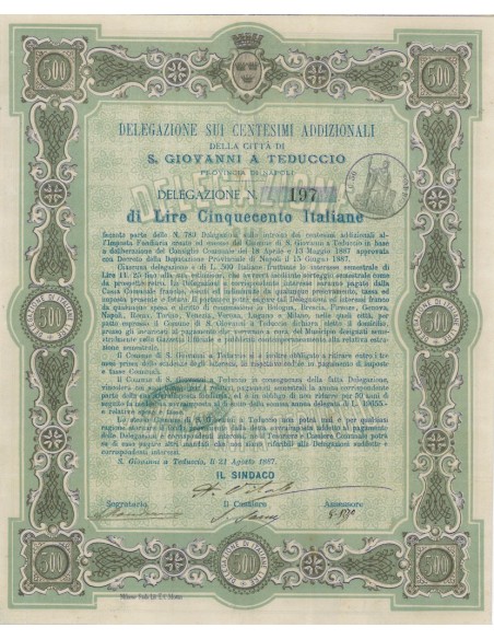 DELEGAZIONE SUI CENT. ADDIZIONALI LIRE 500 -S. GIOVANNI A TEDUCCIO 1887