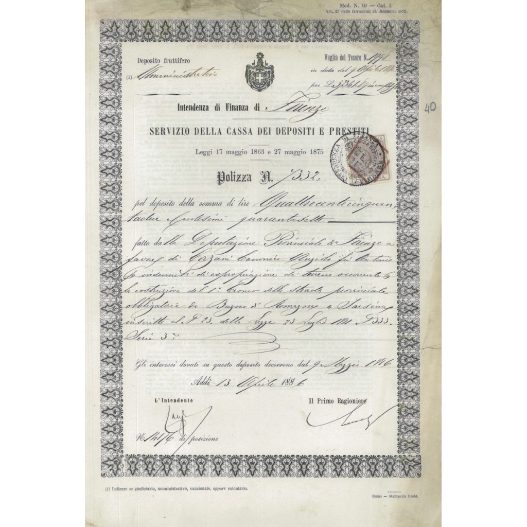 POLIZZA SERVIZIO CASSA DEI D. E PRESTITI - I. DI FINANZA DI FIRENZE 1886