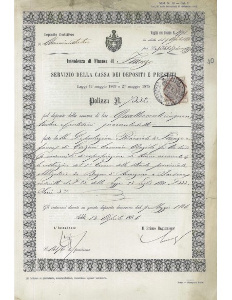 POLIZZA SERVIZIO CASSA DEI D. E PRESTITI - I. DI FINANZA DI FIRENZE 1886
