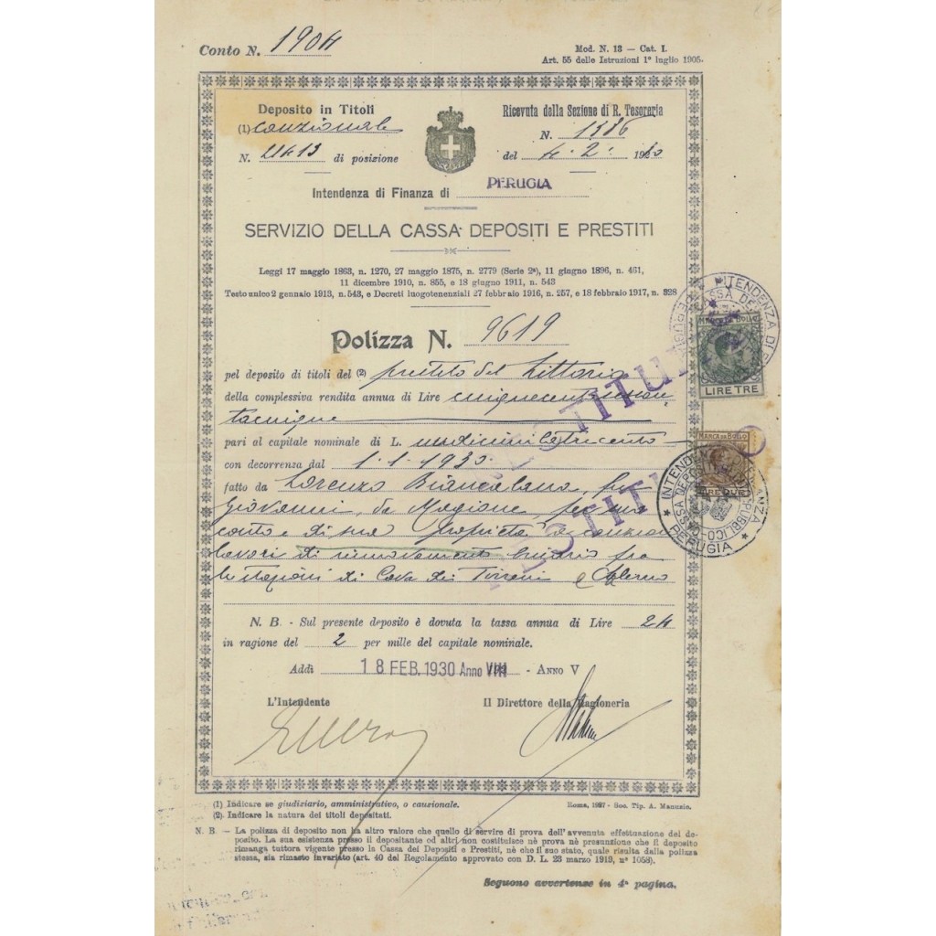 POLIZZA SERVIZIO CASSA DEI D. E PRESTITI - TITOLO LITTORIO 1930
