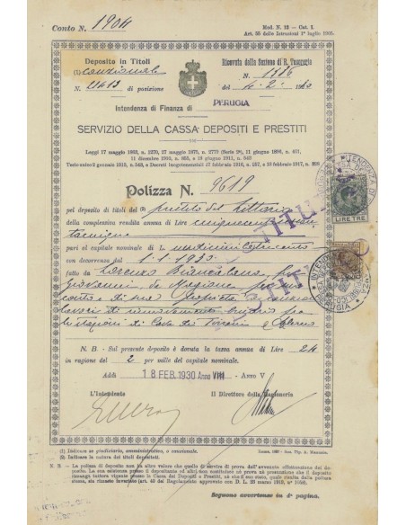 POLIZZA SERVIZIO CASSA DEI D. E PRESTITI - TITOLO LITTORIO 1930