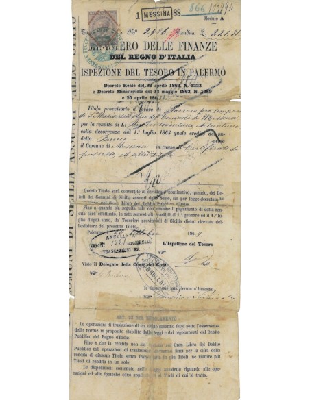 TITOLO PROVVISORIO M. DELLE FINANZE - ISPEZIONE DEL TESORO PALERMO 1867