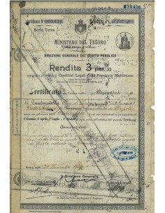 CERTIFICATO 3 PER CENTO - SERIE TERZA REGNO D'ITALIA - ROMA 1898