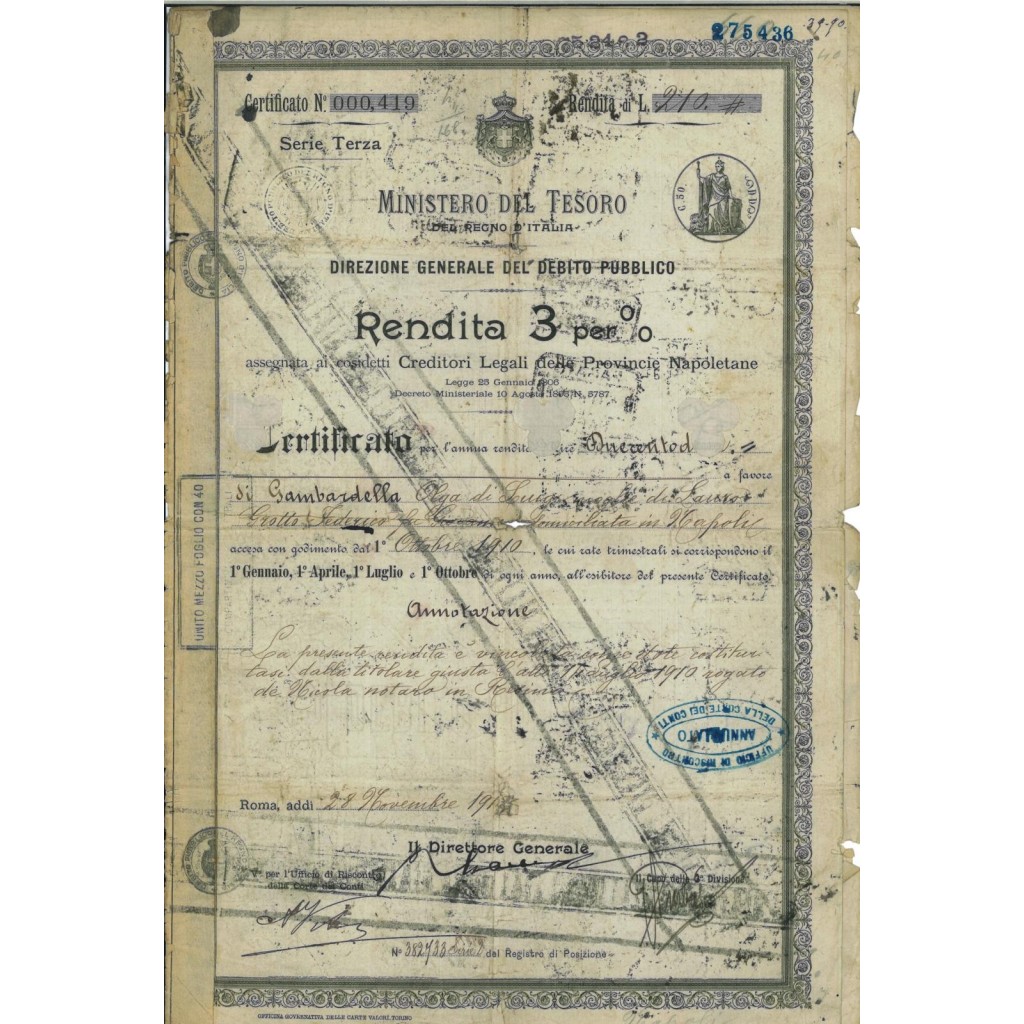CERTIFICATO 3 PER CENTO - SERIE TERZA REGNO D'ITALIA - ROMA 1898
