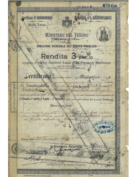 CERTIFICATO 3 PER CENTO - SERIE TERZA REGNO D'ITALIA - ROMA 1898