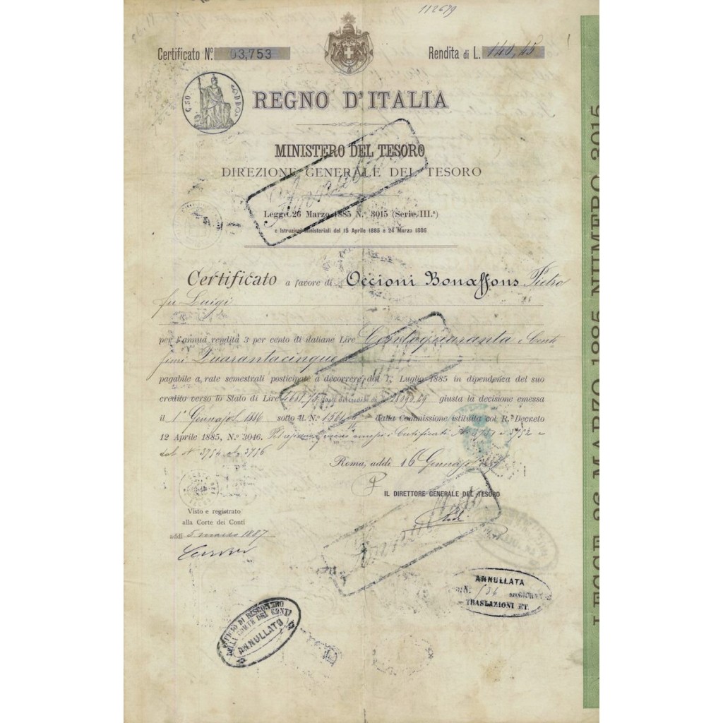 CERTIFICATO NOMINATIVO - REGNO D'ITALIA ROMA 1887