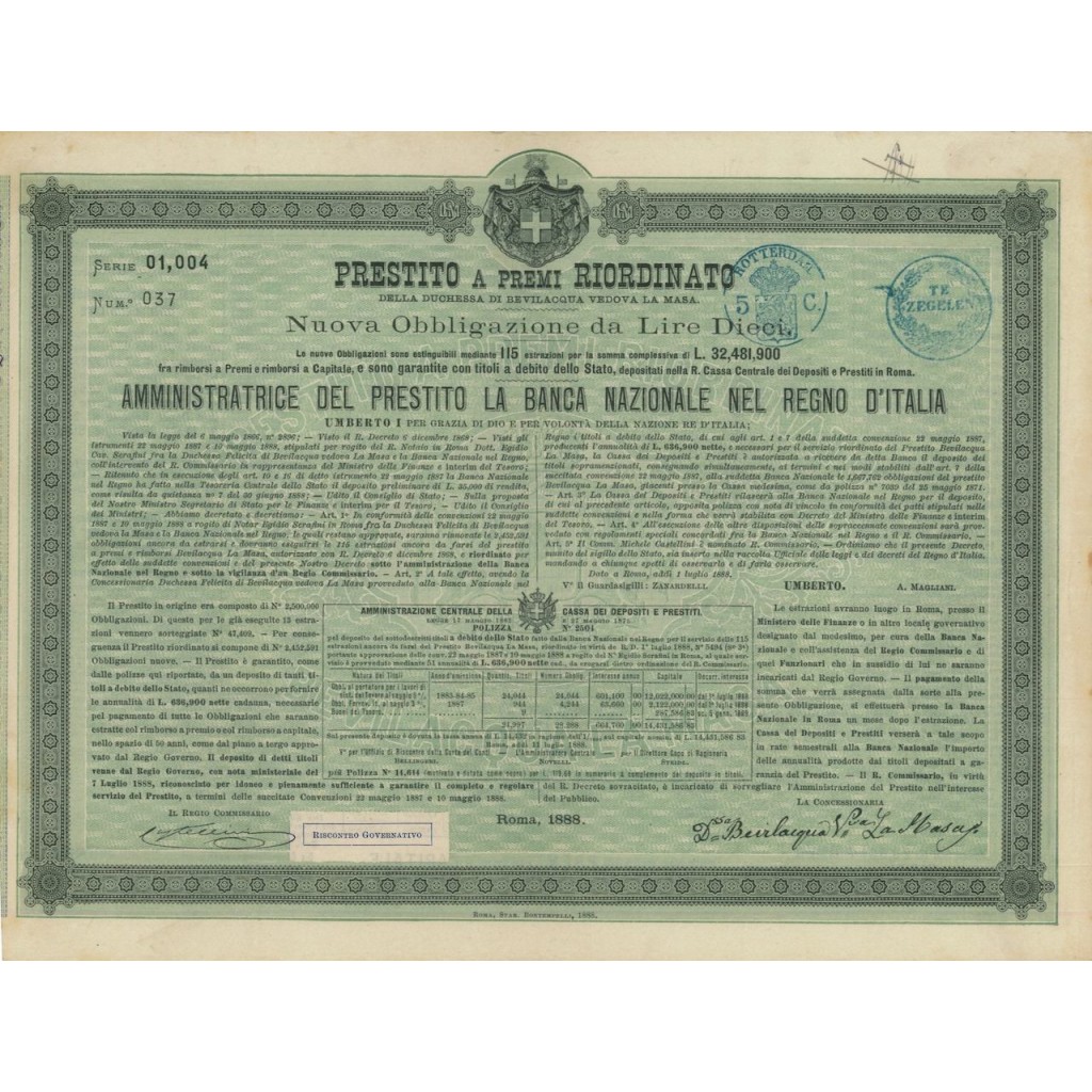 NUOVA OBB. - PRESTITO DUCHESSA BEVILACQUA - ROMA 1888