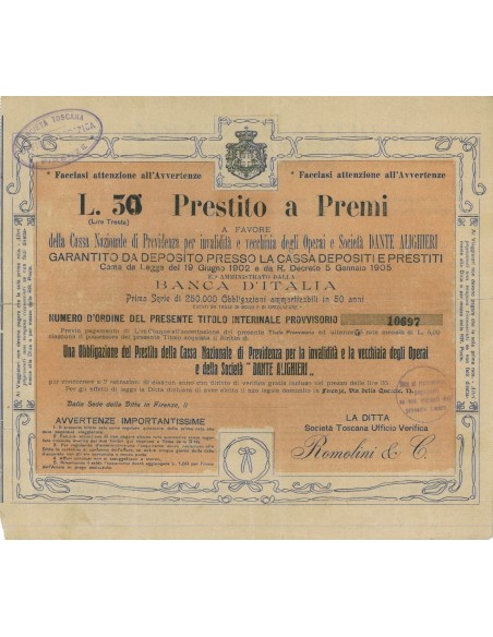 UNA OBBLIG. CASSA NAZ. DI PREVIDENZA DANTE ALIGHIERI" - FIRENZE 1902"