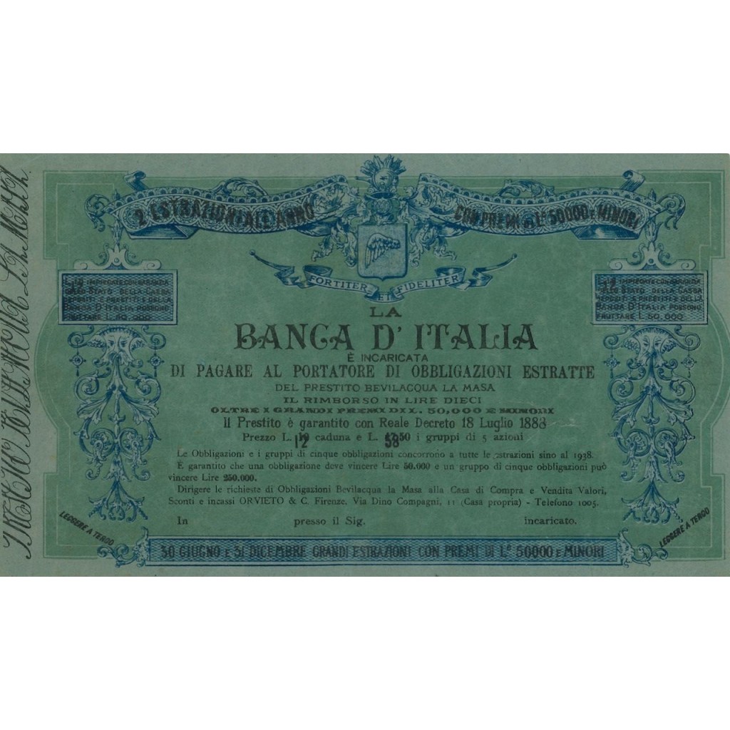 VOLANTINO ESTRAZIONE OBBLIGAZIONI - REGNO D'ITALIA 1888