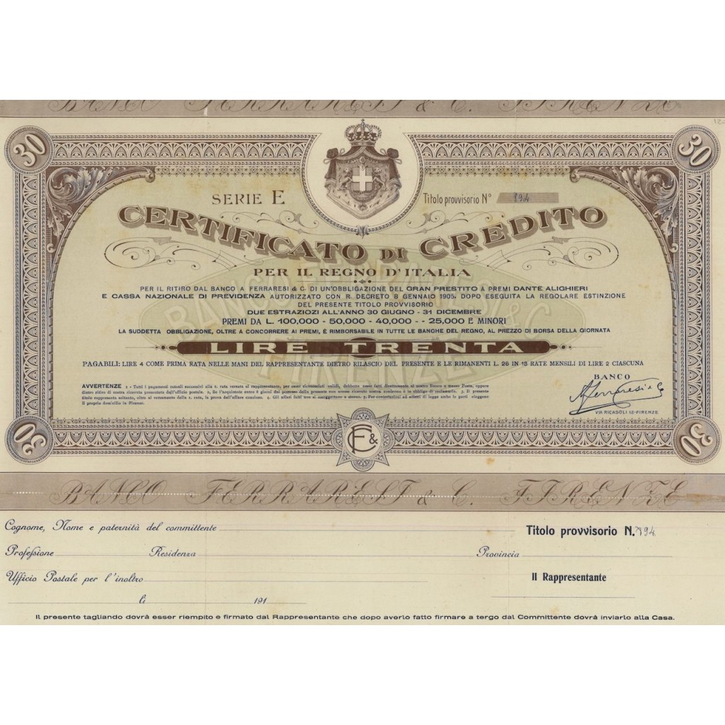 CERTIFICATO DI CREDITO LIRE 30 - SERIE E - REGNO D'ITALIA - 1905
