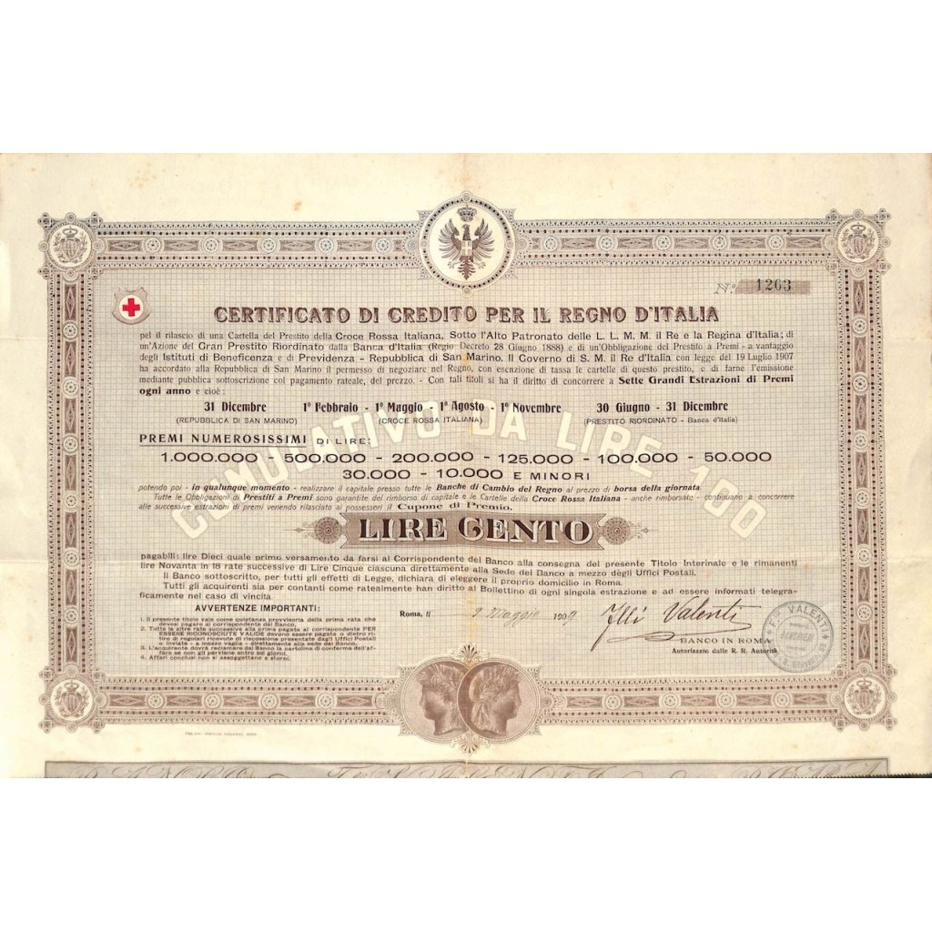 CERT. DI CREDITO CROCE ROSSA E UN'AZIONE G. PRESTITO RIORDINATO - 1909