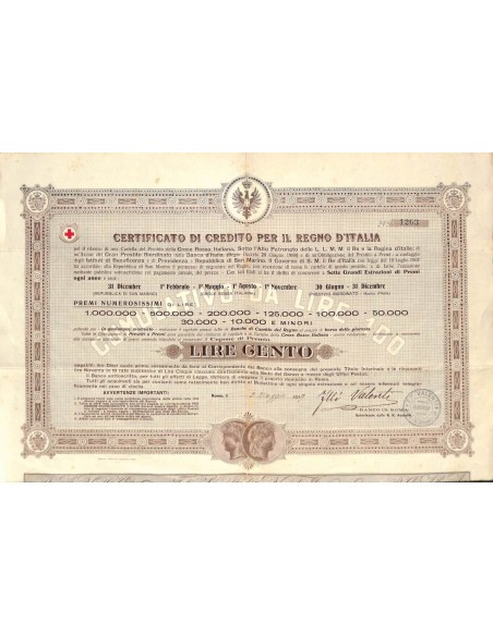 CERT. DI CREDITO CROCE ROSSA E UN'AZIONE G. PRESTITO RIORDINATO - 1909