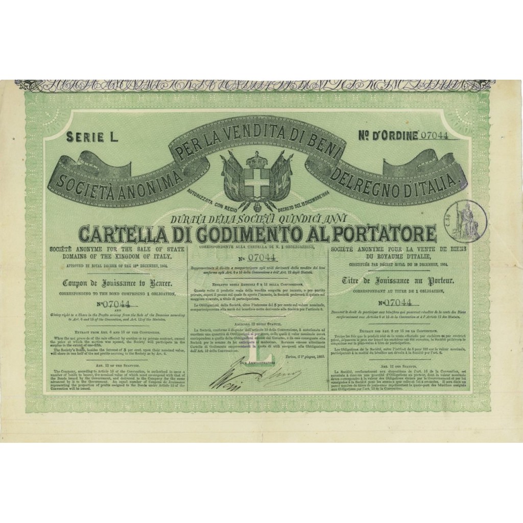 1 OBBLIGAZ. SOC. ANON. PER LA VENDITA DI BENI DEL REGNO D'ITALIA - 1865
