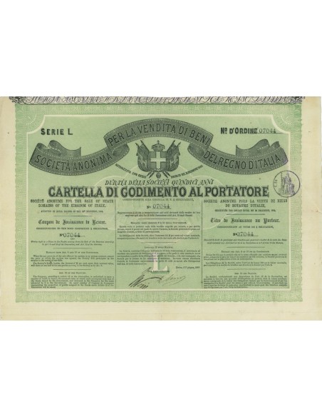 1 OBBLIGAZ. SOC. ANON. PER LA VENDITA DI BENI DEL REGNO D'ITALIA - 1865