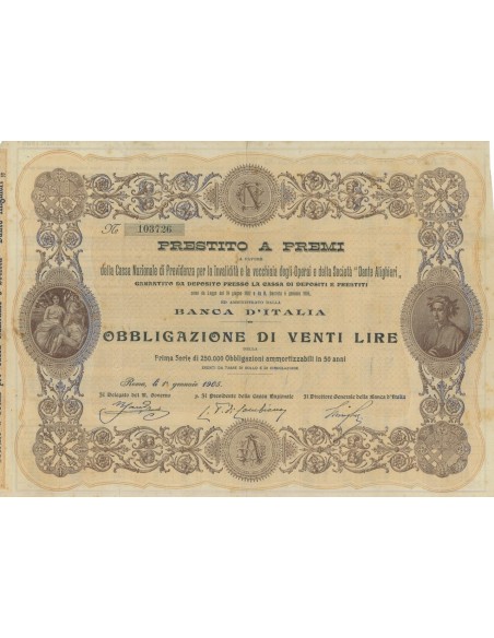 1 OBBLIG.DI 20 LIRE CASSA NAZ. DANTE ALIGHIERI" - ROMA 1905"