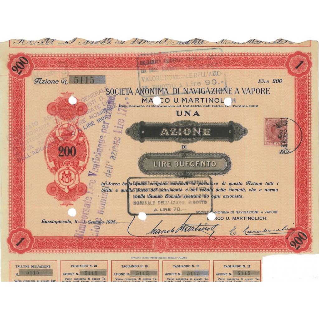 SOC. ANON. DI NAVIGAZIONE A VAPORE MARCO U. MARTINOLICH 1 AZIONE 1925
