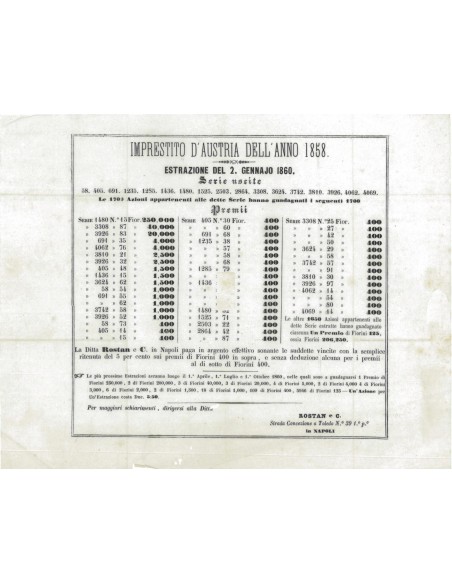 VOLANTINO IMPRESTITO D'AUSTRIA NAPOLI 1858