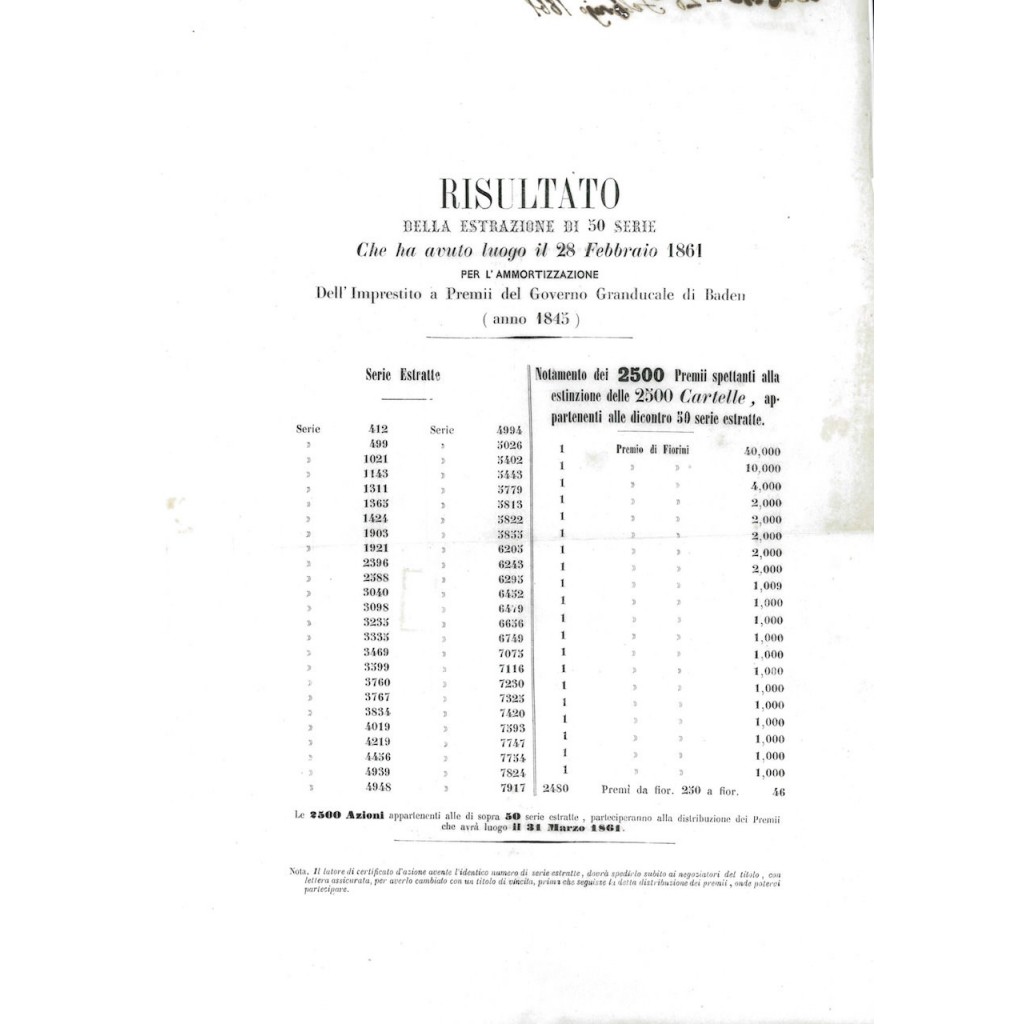 VOLANTINO RISULTATO ESTRAZIONE I. A PREMII GOVERNO G. DI BADEN 1861
