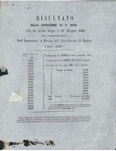 VOLANTINO RISULTATO ESTRAZIONE I. A PREMII GOVERNO G. DI BADEN 1861
