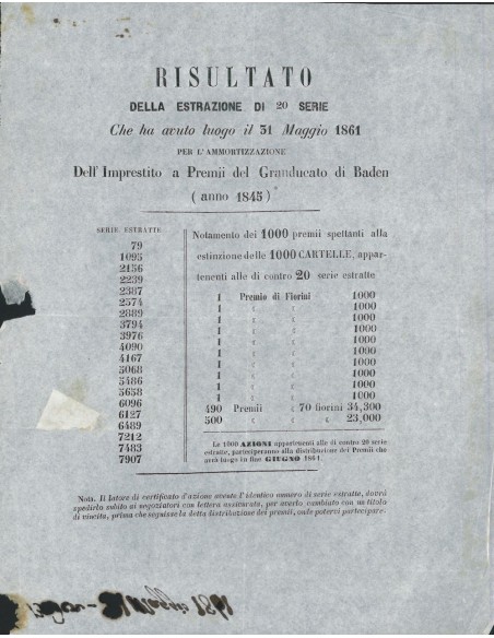 VOLANTINO RISULTATO ESTRAZIONE I. A PREMII GOVERNO G. DI BADEN 1861