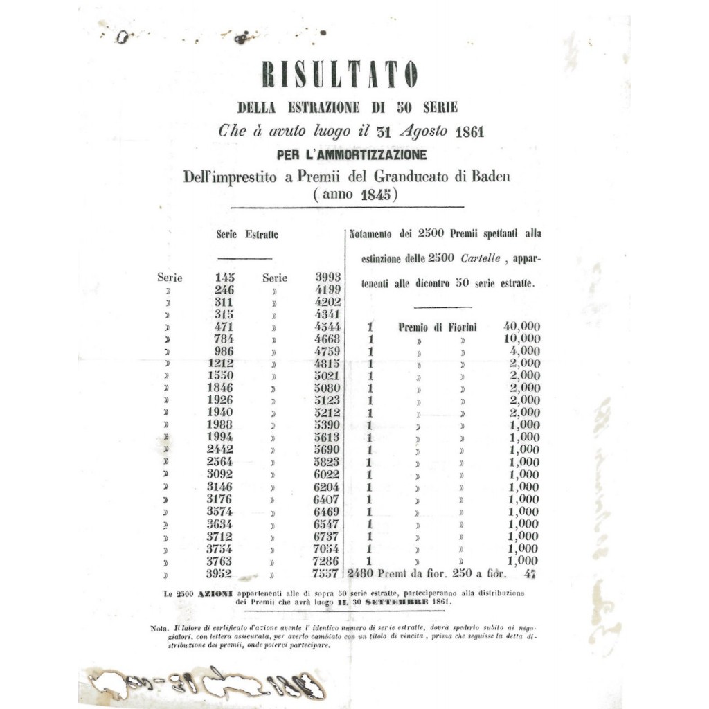 VOLANTINO RISULTATO ESTRAZIONE I. A PREMII GRANDUCATO DI BADEN 1861