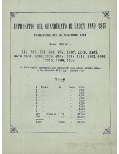 VOLANTINO ESTRAZIONE I. A PREMII GRANDUCATO DI BADEN 1862